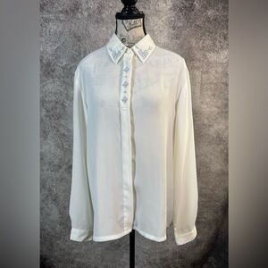 Napa Valley Off-White Blouse with Blue Embroidery Long Sleeve Button Down size L